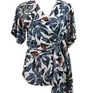 EDUN V-Neck Tropical Leaf Print Wrap Blouse Short Sleeve Made in Kenya Size L
